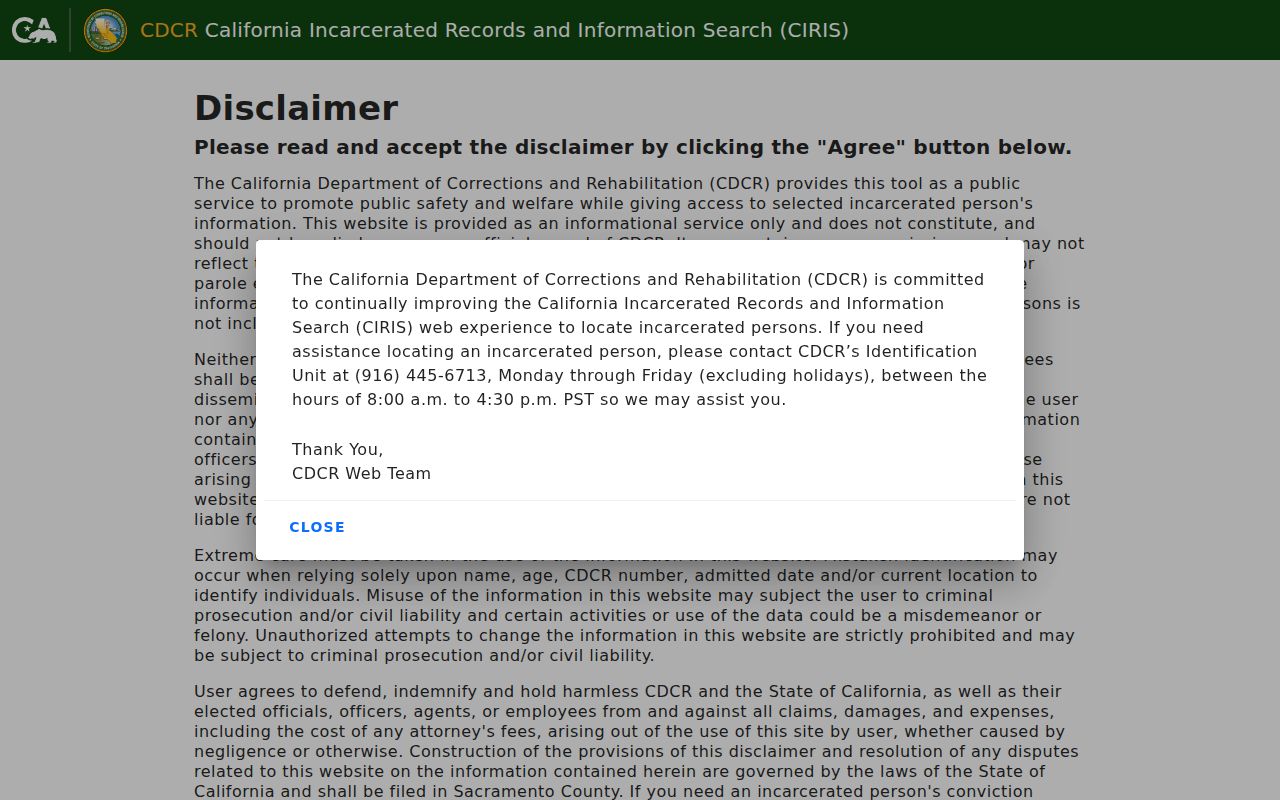 California arrest custody follow-up through the CIRIS search