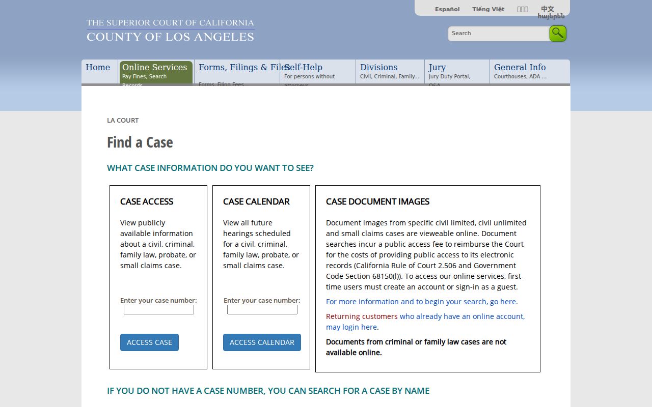 California criminal court case number and defendant name search interface