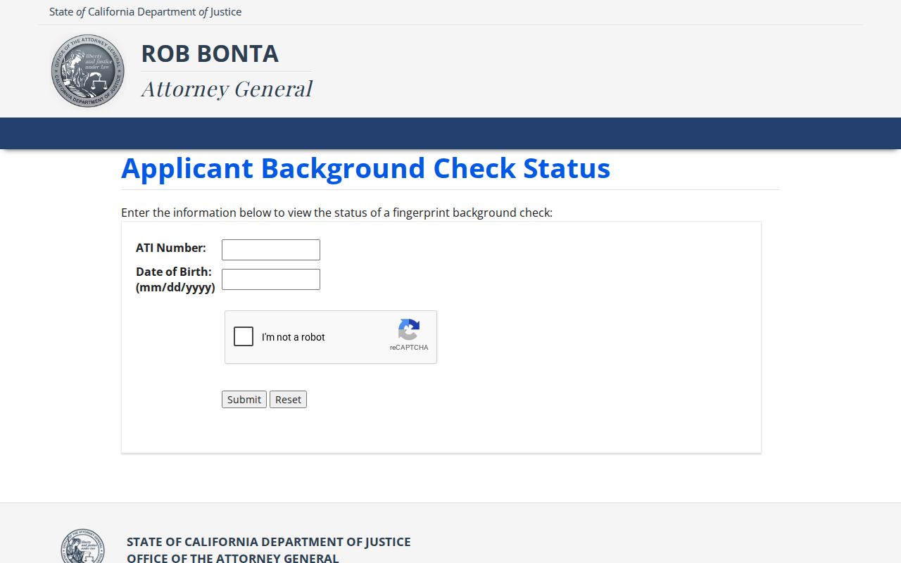 California CA DOJ criminal records ATI applicant status form