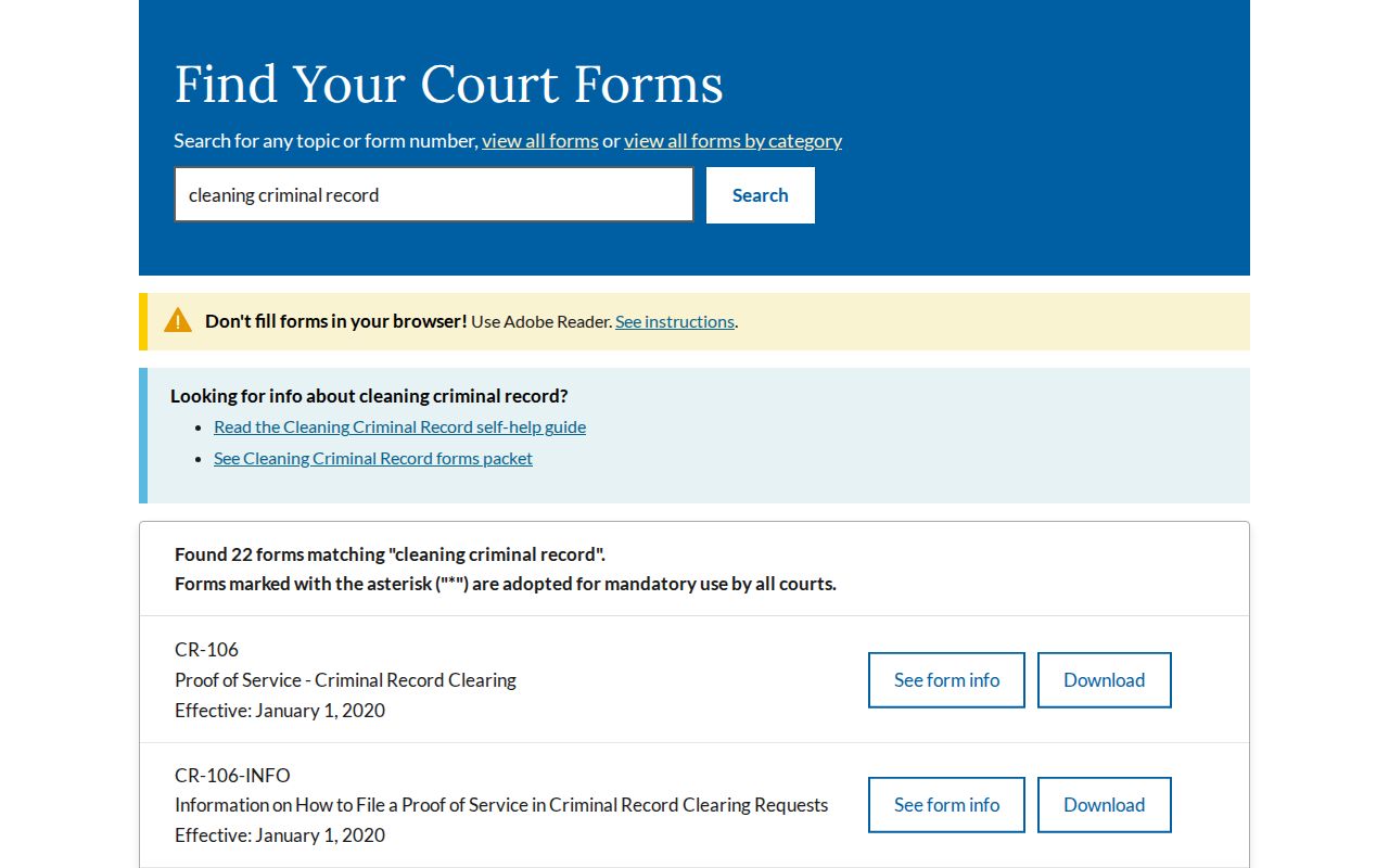 California criminal record cleaning forms CR-180 and CR-409