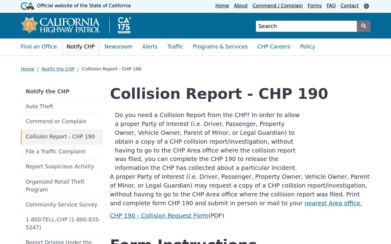 California Highway Patrol CHP 190 collision report request