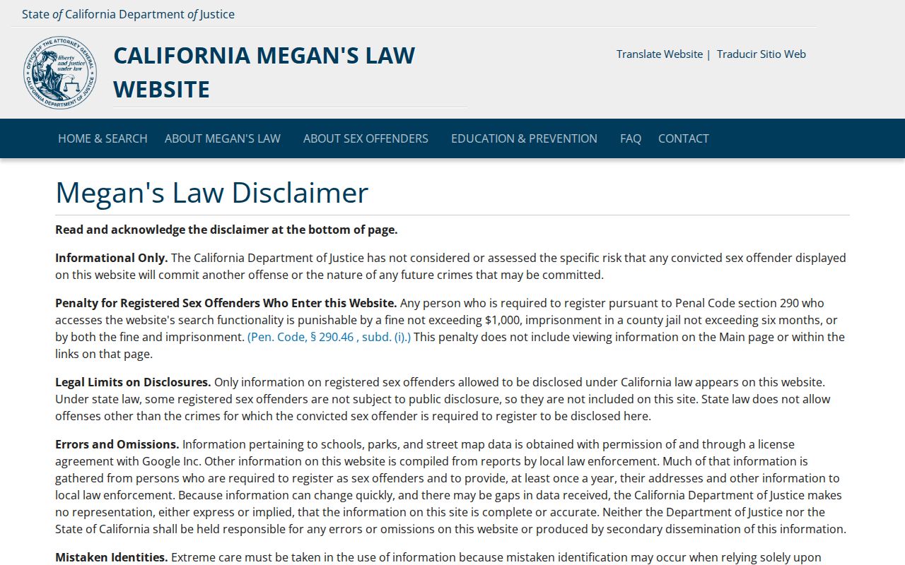 California sex offender search Megan's Law legal-use disclaimer